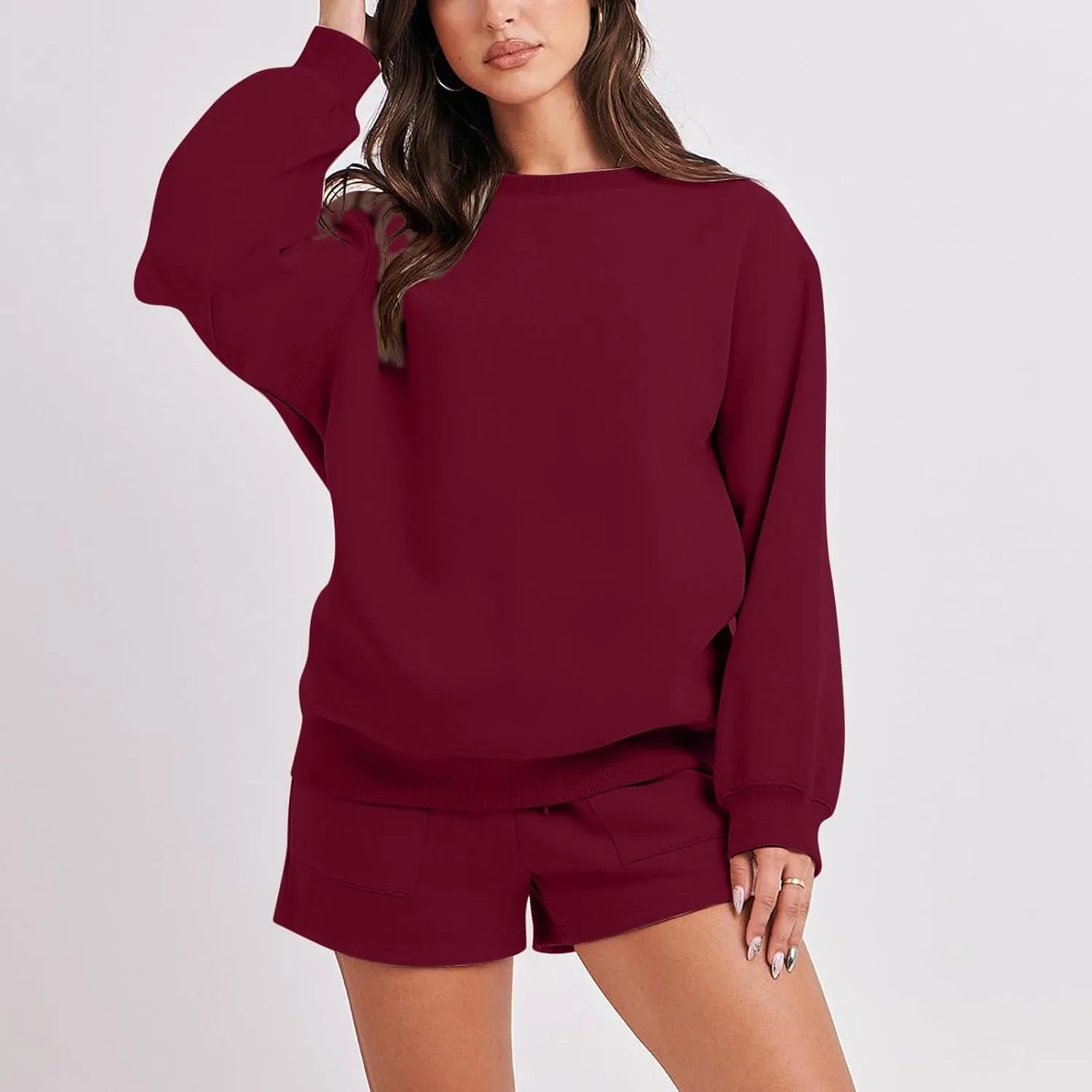 2 Piece Outfits Sweatsuit For Women Oversized Crewneck Sweatshirt & Lounge Shorts Set 2023 Fall Fashion Tracksuit