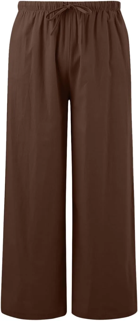 2024 Women High Waisted Wide Leg Pants Dressy Fashion Drawstring Elastic Trousers Comfy Straight Leg Long Pants with Pocket