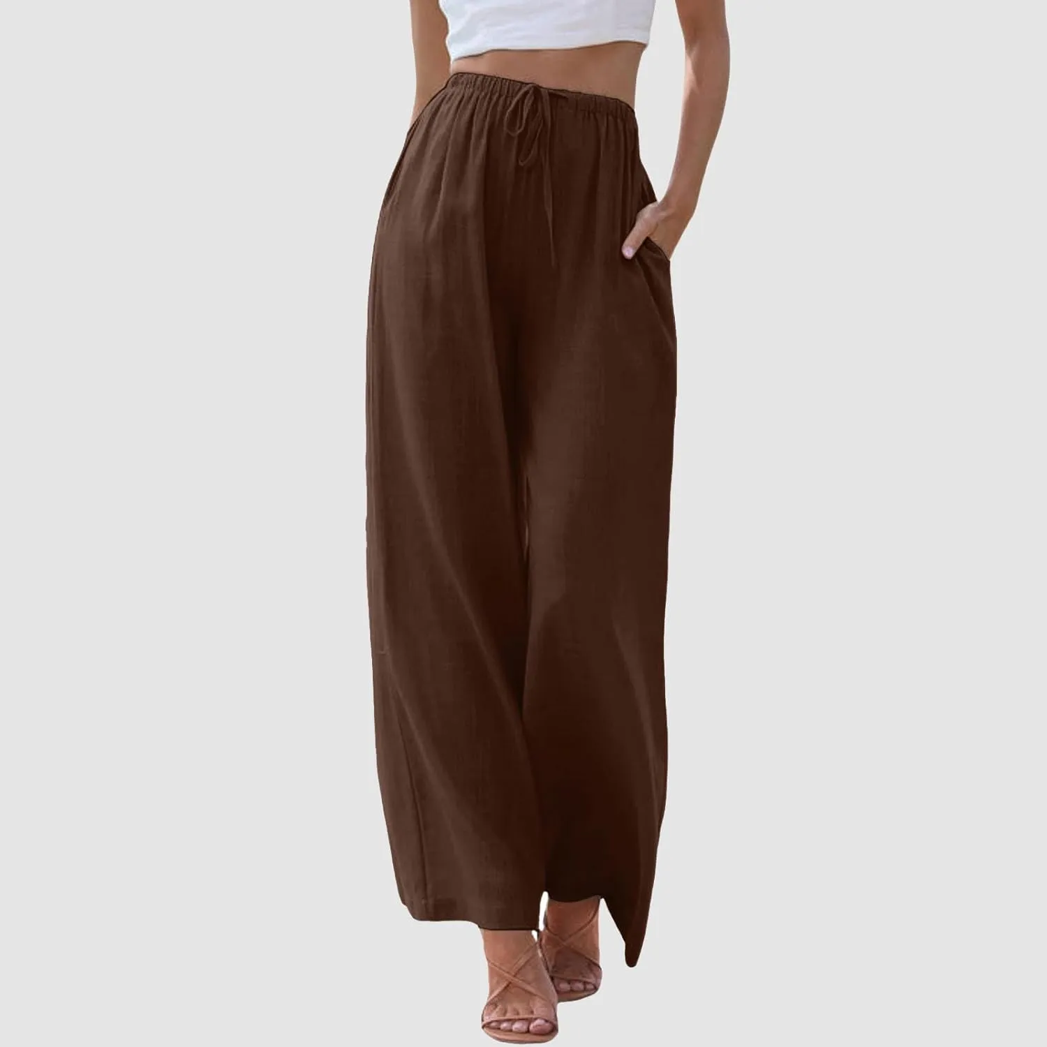 2024 Women High Waisted Wide Leg Pants Dressy Fashion Drawstring Elastic Trousers Comfy Straight Leg Long Pants with Pocket