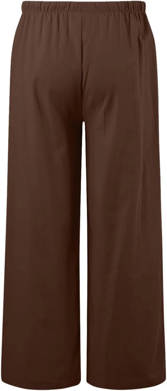 2024 Women High Waisted Wide Leg Pants Dressy Fashion Drawstring Elastic Trousers Comfy Straight Leg Long Pants with Pocket