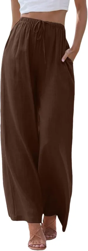 2024 Women High Waisted Wide Leg Pants Dressy Fashion Drawstring Elastic Trousers Comfy Straight Leg Long Pants with Pocket