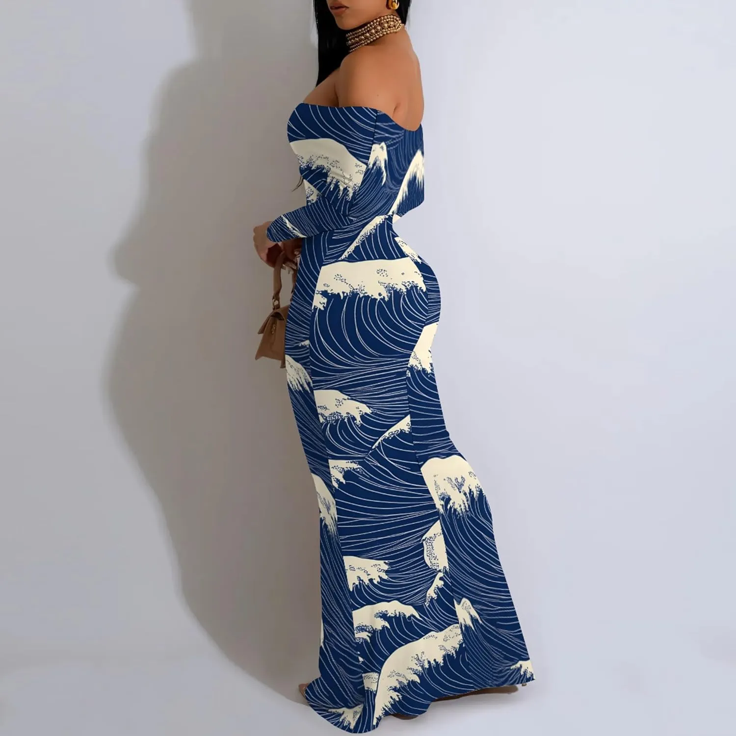 2024 Women's Casual Dress Tie Dye Sexy Maxi Off The Shoulder Long Sleeve Bodycon Backless Wrap Dresses
