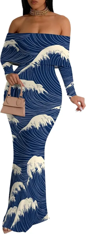 2024 Women's Casual Dress Tie Dye Sexy Maxi Off The Shoulder Long Sleeve Bodycon Backless Wrap Dresses