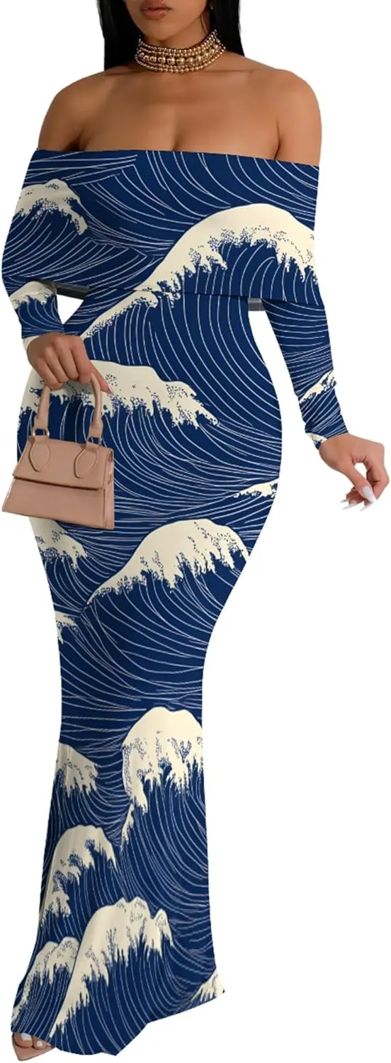 2024 Women's Casual Dress Tie Dye Sexy Maxi Off The Shoulder Long Sleeve Bodycon Backless Wrap Dresses