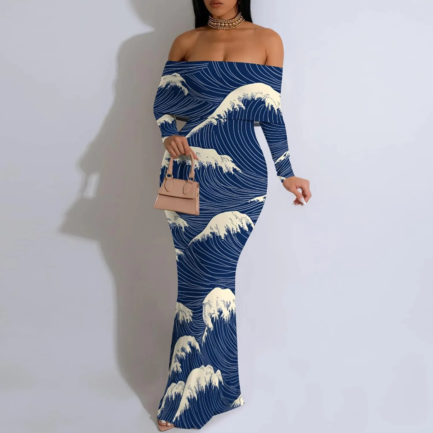 2024 Women's Casual Dress Tie Dye Sexy Maxi Off The Shoulder Long Sleeve Bodycon Backless Wrap Dresses