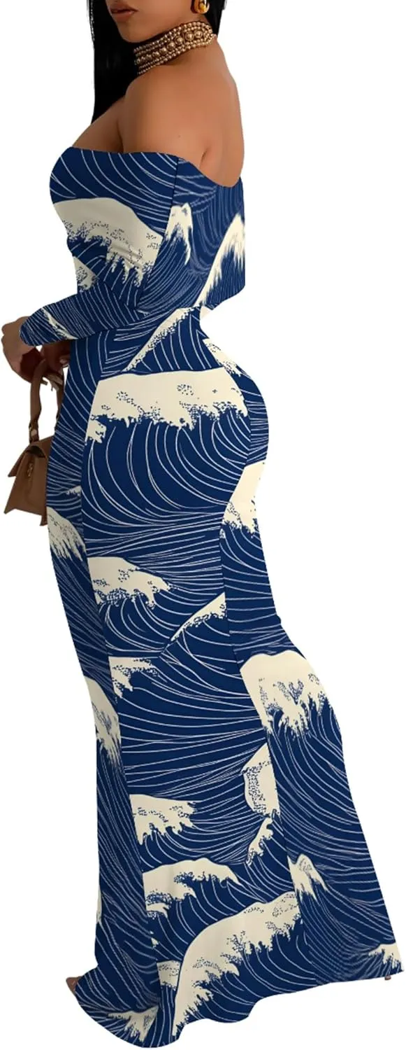 2024 Women's Casual Dress Tie Dye Sexy Maxi Off The Shoulder Long Sleeve Bodycon Backless Wrap Dresses