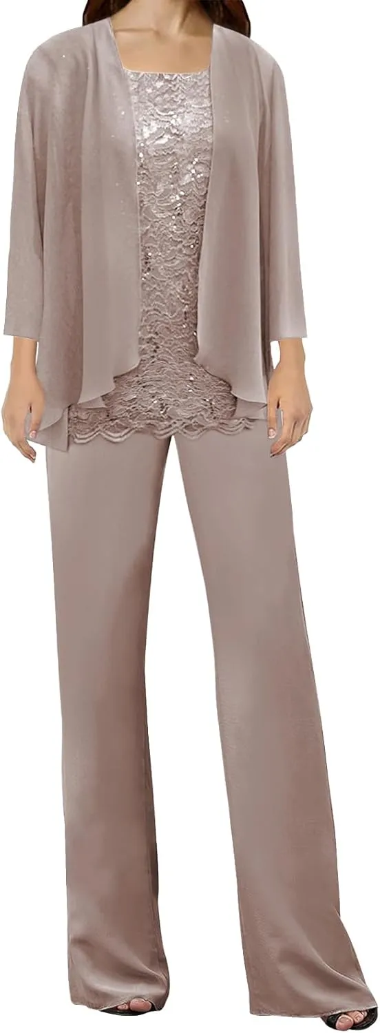 3 Pieces Mother of The Bride Dress Pant Suits Lace Evening Formal Dress for Wedding Guest Groom Women's
