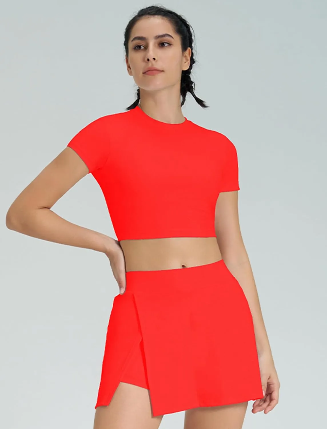 ABOCIW Womens 2 Piece Tennis Skirt Set Cutout Back Short Sleeve Workout Crop Top Side Slit Athletic Skirt Golf Outfit
