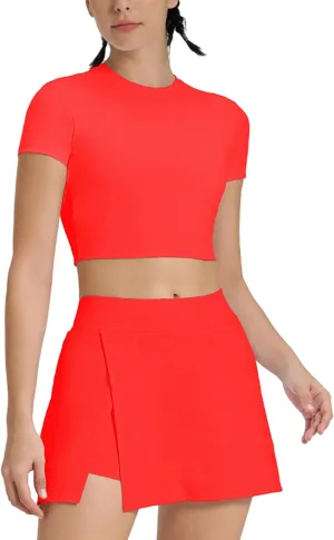 ABOCIW Womens 2 Piece Tennis Skirt Set Cutout Back Short Sleeve Workout Crop Top Side Slit Athletic Skirt Golf Outfit