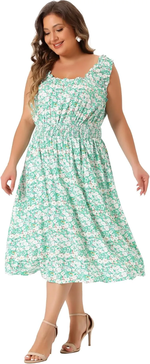Agnes Orinda Plus Size Dress for Women Square Neck Sleeveless Floral Flowy Stretchy Waist Midi Summer Dresses