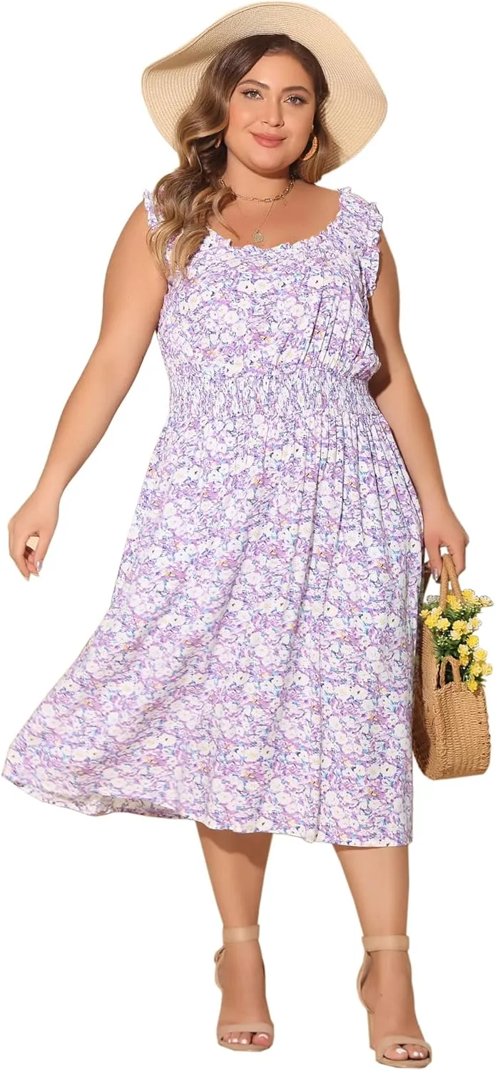 Agnes Orinda Plus Size Dress for Women Square Neck Sleeveless Floral Flowy Stretchy Waist Midi Summer Dresses