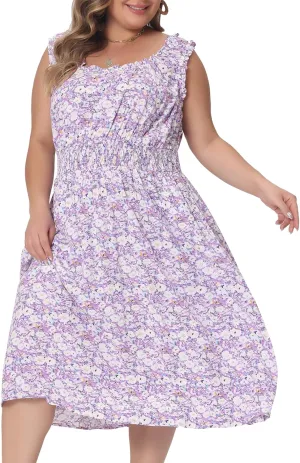 Agnes Orinda Plus Size Dress for Women Square Neck Sleeveless Floral Flowy Stretchy Waist Midi Summer Dresses