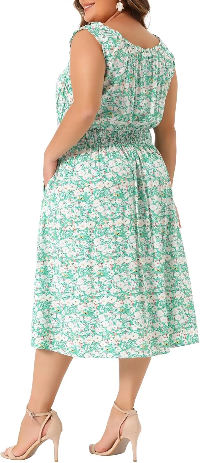 Agnes Orinda Plus Size Dress for Women Square Neck Sleeveless Floral Flowy Stretchy Waist Midi Summer Dresses