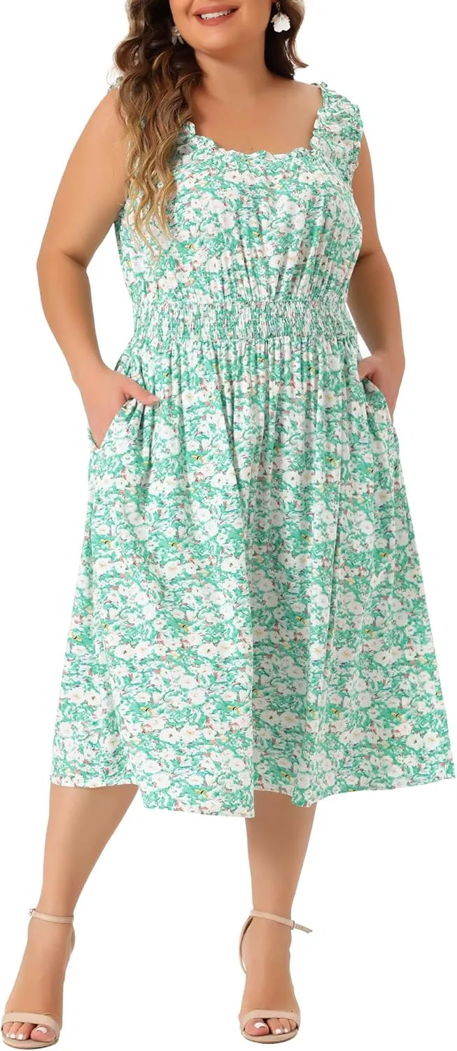 Agnes Orinda Plus Size Dress for Women Square Neck Sleeveless Floral Flowy Stretchy Waist Midi Summer Dresses