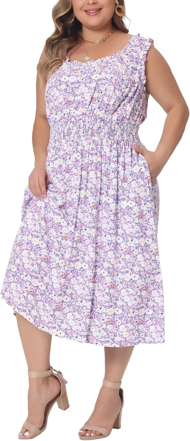 Agnes Orinda Plus Size Dress for Women Square Neck Sleeveless Floral Flowy Stretchy Waist Midi Summer Dresses