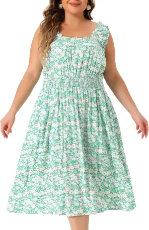 Agnes Orinda Plus Size Dress for Women Square Neck Sleeveless Floral Flowy Stretchy Waist Midi Summer Dresses