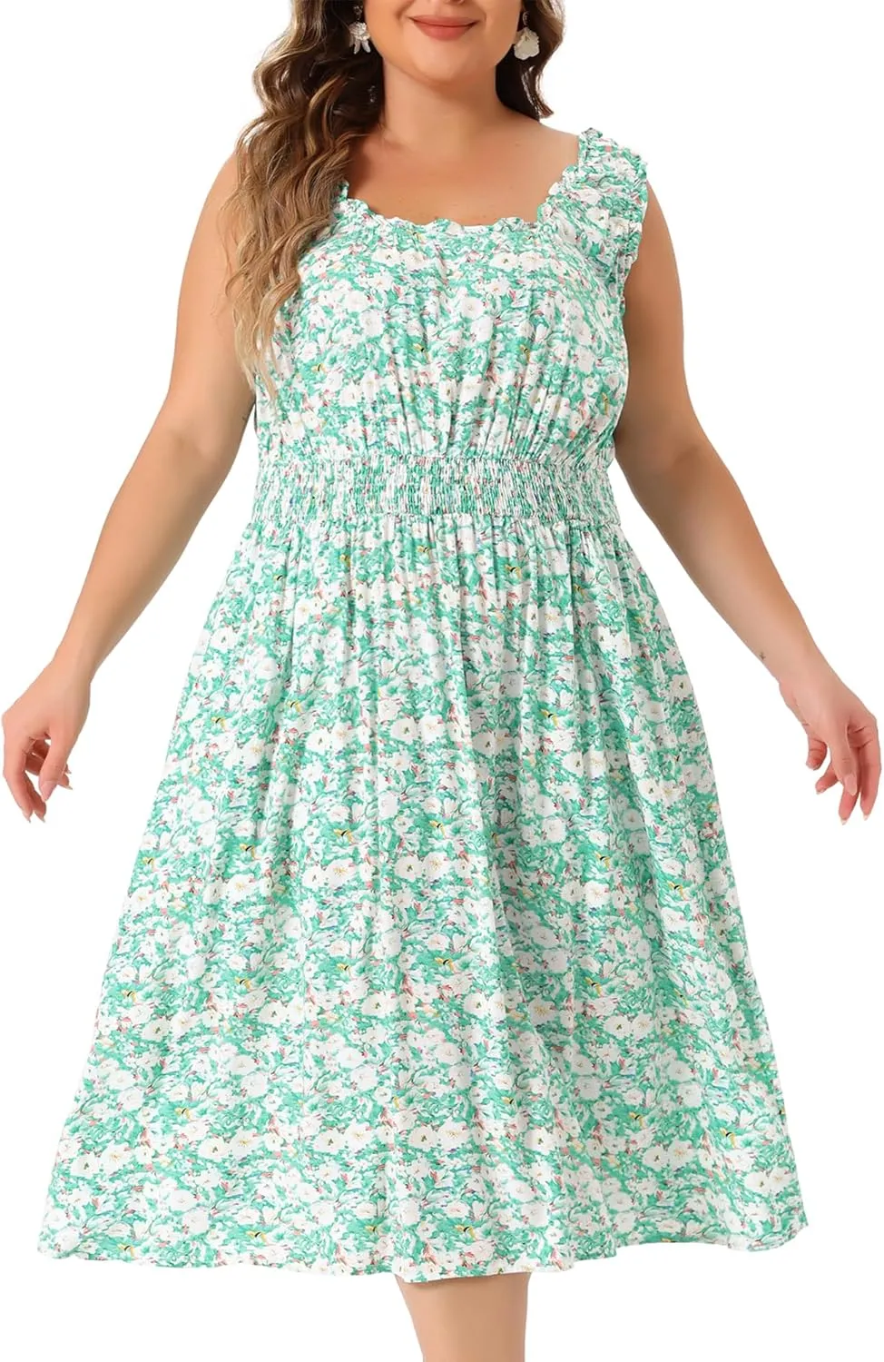 Agnes Orinda Plus Size Dress for Women Square Neck Sleeveless Floral Flowy Stretchy Waist Midi Summer Dresses
