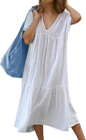 Akivide Women's Short Sleeve V Neck Cotton Linen Midi Dresses Casual Loose Solid Color Tiered Pleated Dress for Women