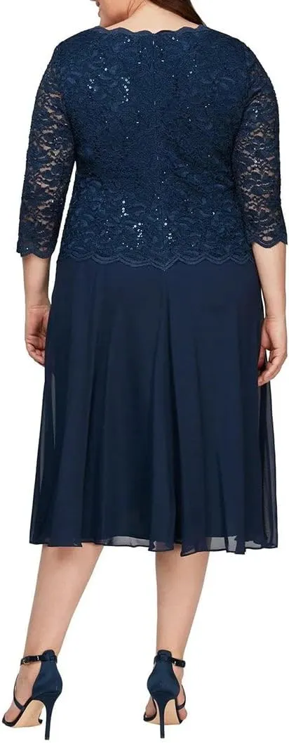 Alex Evenings Women's Plus Size Tea Length Lace Mock Dress