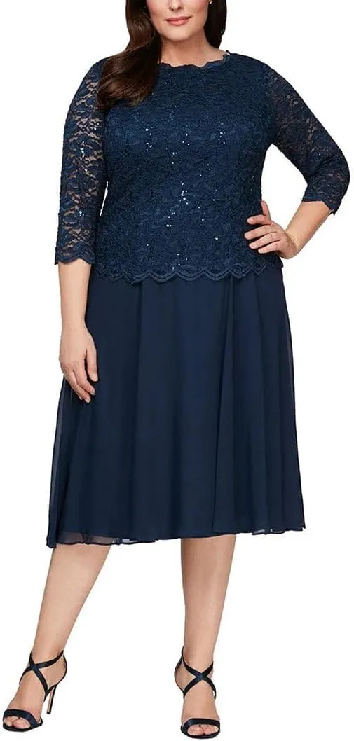 Alex Evenings Women's Plus Size Tea Length Lace Mock Dress
