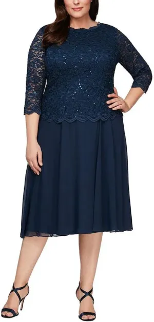 Alex Evenings Women's Plus Size Tea Length Lace Mock Dress