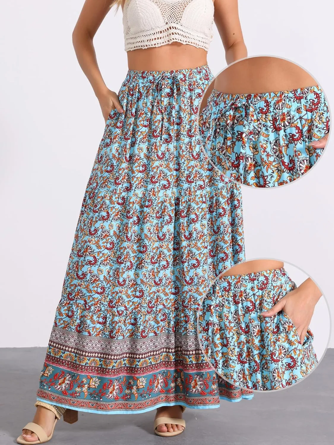 Allegra K Boho Skirt for Women's Flare Bohemian Floral Elastic Waist Flowy A-Line Vintage Casual Maxi Skirt
