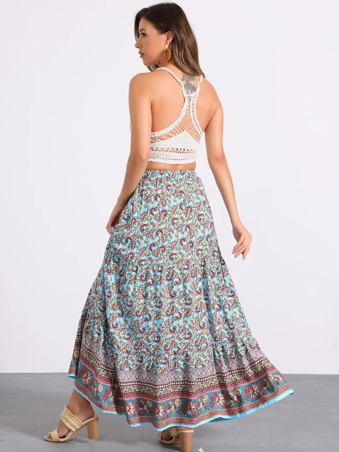 Allegra K Boho Skirt for Women's Flare Bohemian Floral Elastic Waist Flowy A-Line Vintage Casual Maxi Skirt