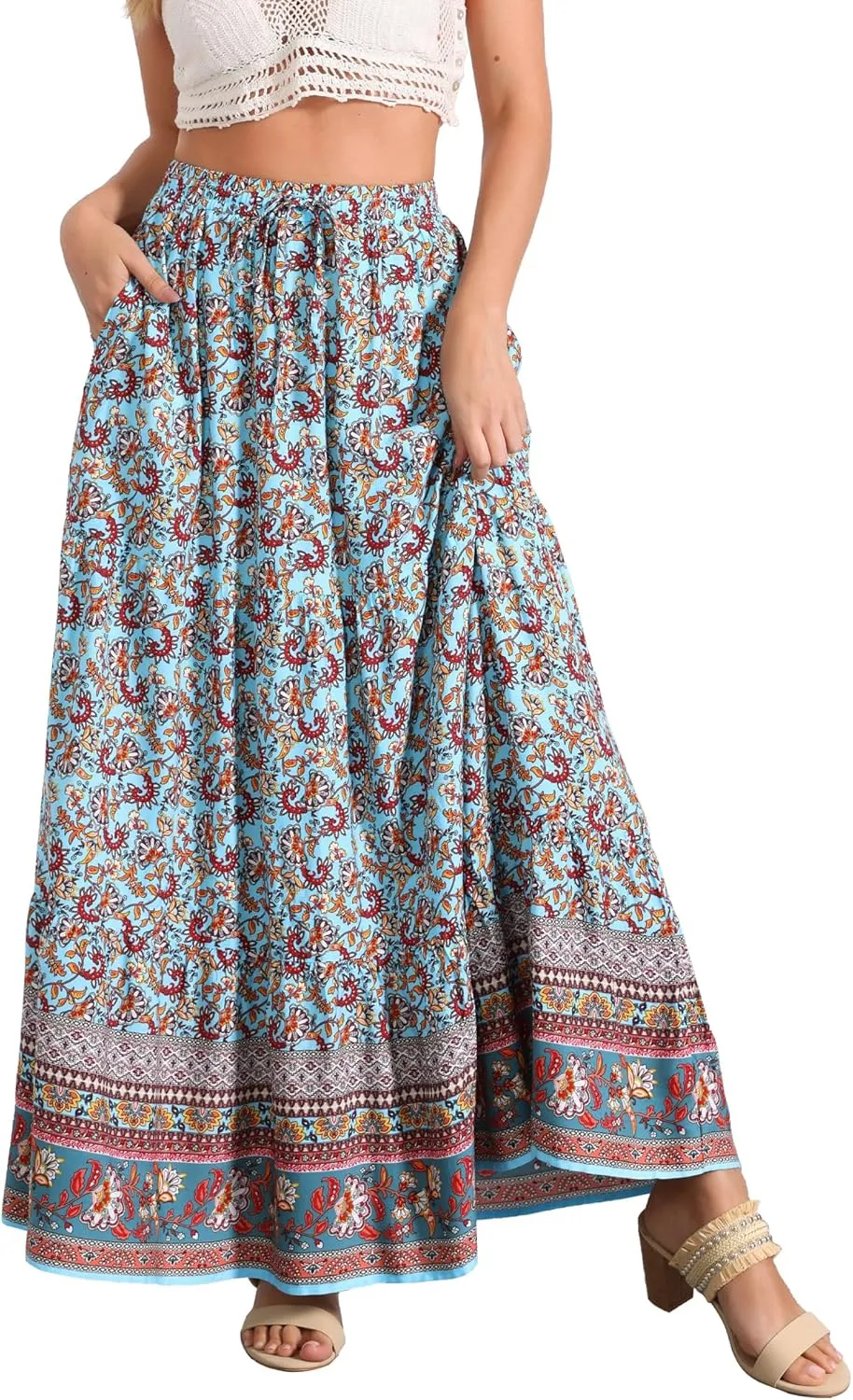 Allegra K Boho Skirt for Women's Flare Bohemian Floral Elastic Waist Flowy A-Line Vintage Casual Maxi Skirt
