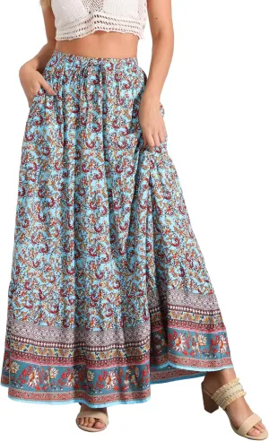 Allegra K Boho Skirt for Women's Flare Bohemian Floral Elastic Waist Flowy A-Line Vintage Casual Maxi Skirt