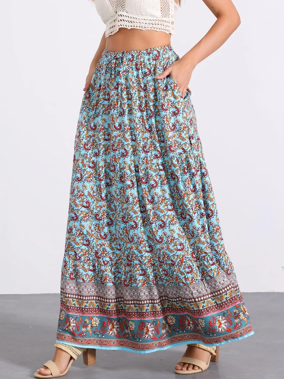 Allegra K Boho Skirt for Women's Flare Bohemian Floral Elastic Waist Flowy A-Line Vintage Casual Maxi Skirt