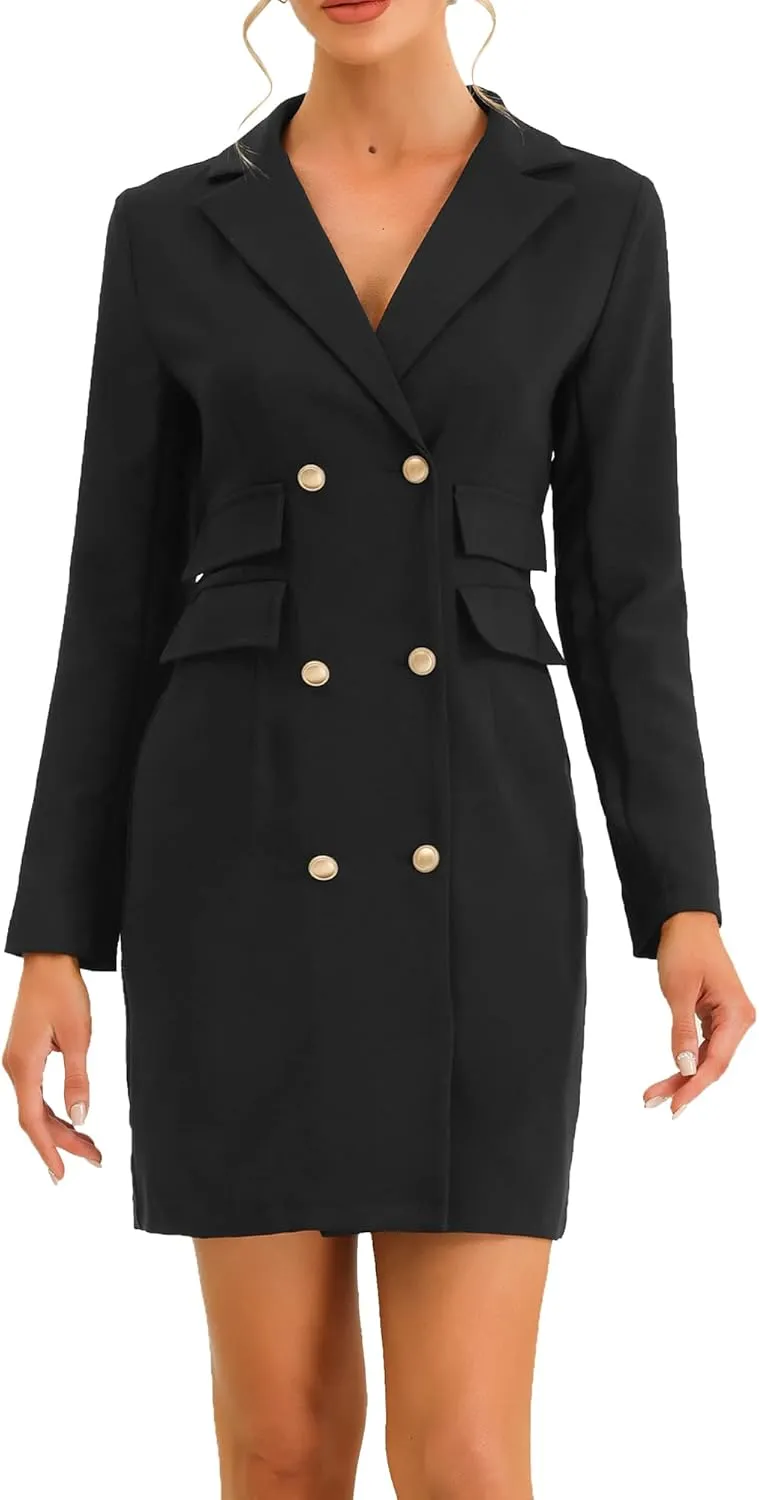 Allegra K Women's Blazer Dress Button Down V Neck Long Sleeve Work Dress with Pockets Elegant Office Outfits