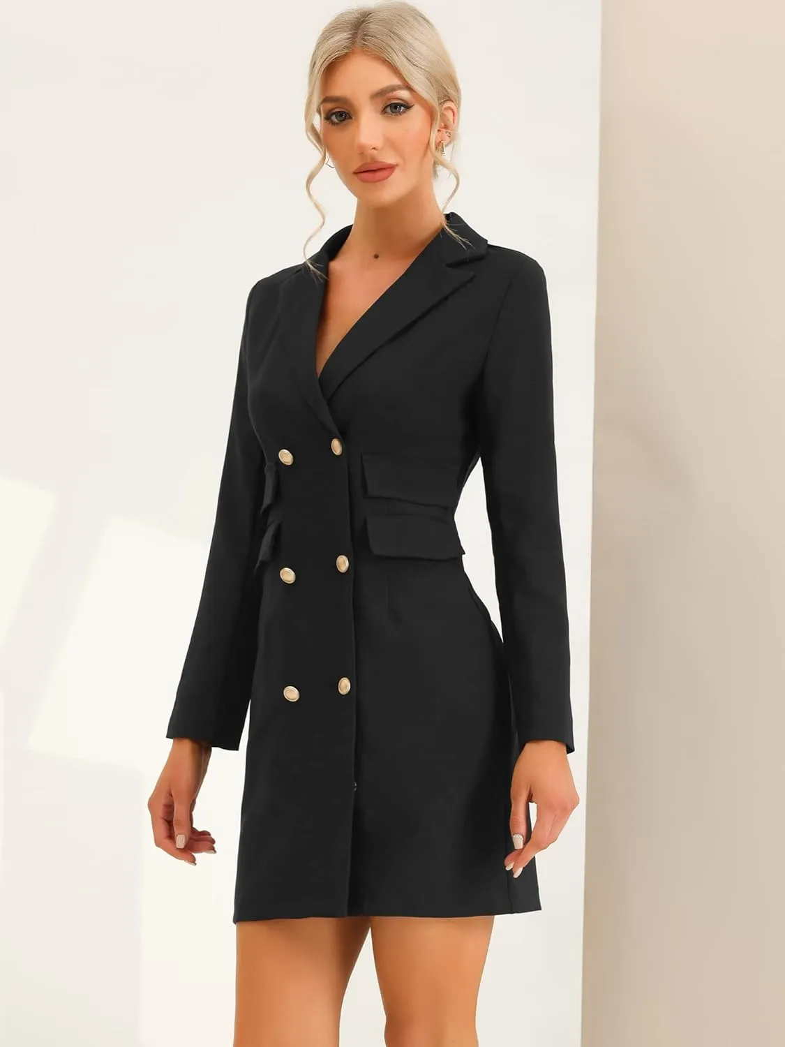 Allegra K Women's Blazer Dress Button Down V Neck Long Sleeve Work Dress with Pockets Elegant Office Outfits