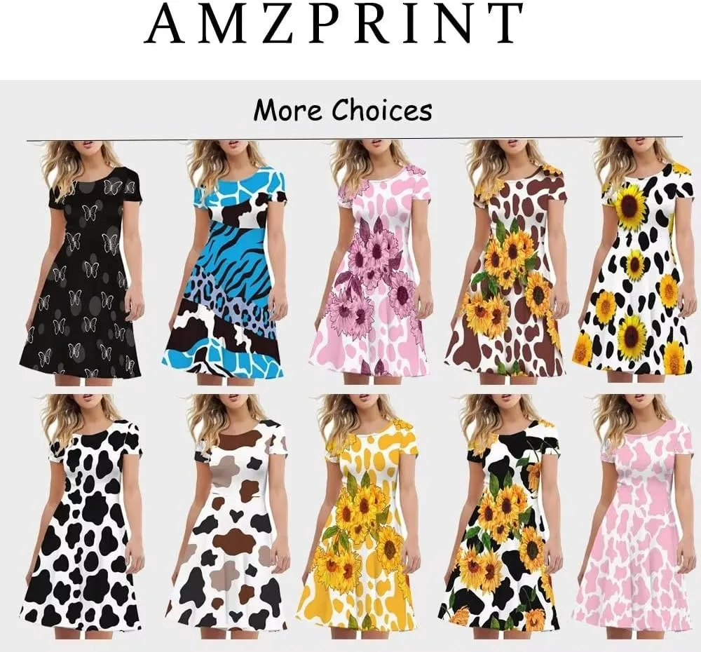 AmzPrint Women's Black and White Cow Print Dress Funny Milk Cow Themed Party Costume Mini Swing Tunic Sunflower Floral Dress