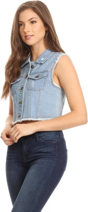Anna-Kaci Women's Cropped Denim Vest Sleeveless Cotton Rivet Fitted Jean Vest Jacket