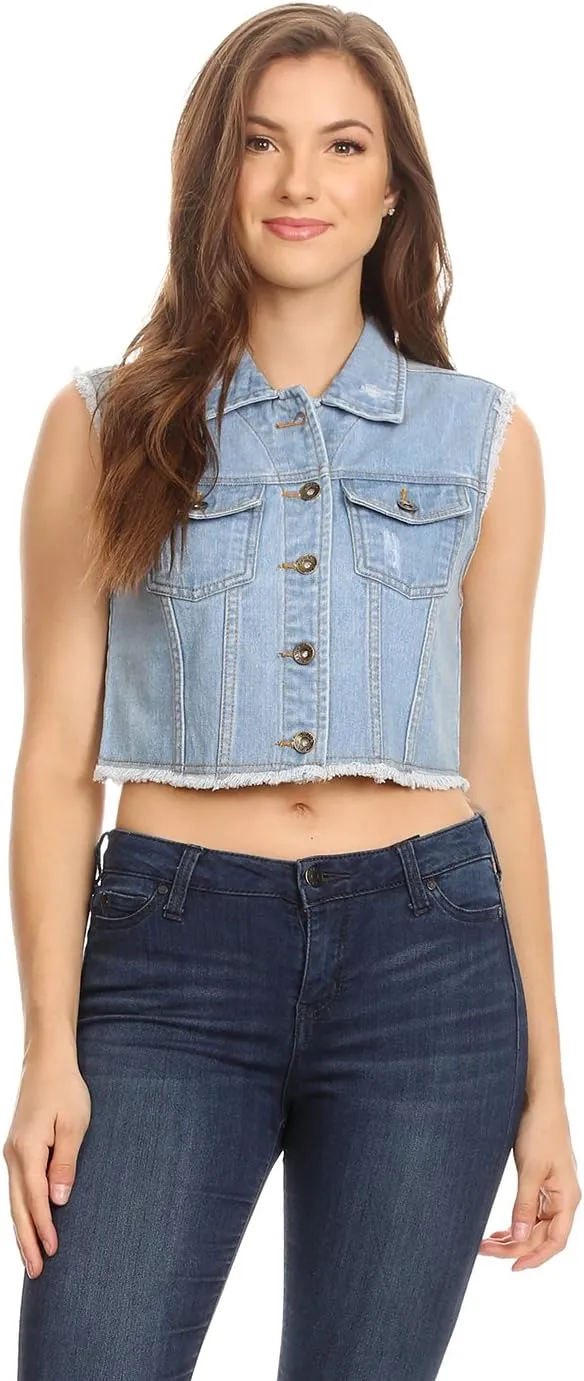 Anna-Kaci Women's Cropped Denim Vest Sleeveless Cotton Rivet Fitted Jean Vest Jacket