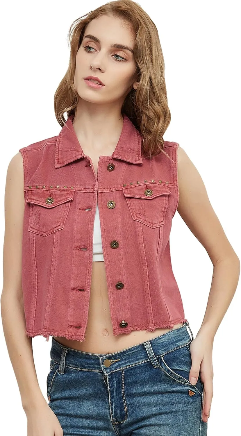 Anna-Kaci Women's Cropped Denim Vest Sleeveless Cotton Rivet Fitted Jean Vest Jacket