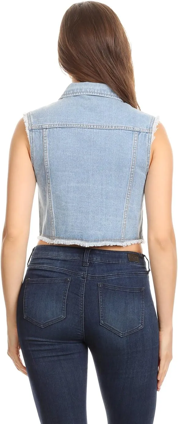 Anna-Kaci Women's Cropped Denim Vest Sleeveless Cotton Rivet Fitted Jean Vest Jacket