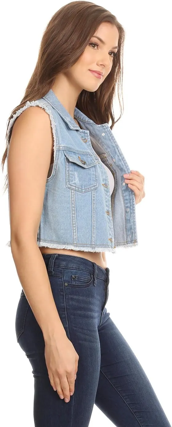 Anna-Kaci Women's Cropped Denim Vest Sleeveless Cotton Rivet Fitted Jean Vest Jacket