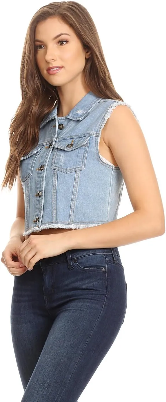 Anna-Kaci Women's Cropped Denim Vest Sleeveless Cotton Rivet Fitted Jean Vest Jacket