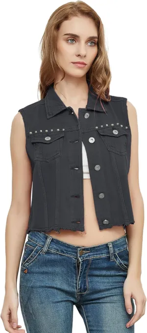 Anna-Kaci Women's Cropped Denim Vest Sleeveless Cotton Rivet Fitted Jean Vest Jacket