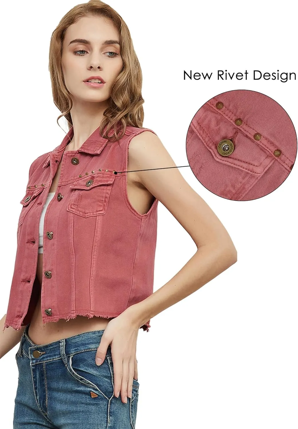 Anna-Kaci Women's Cropped Denim Vest Sleeveless Cotton Rivet Fitted Jean Vest Jacket