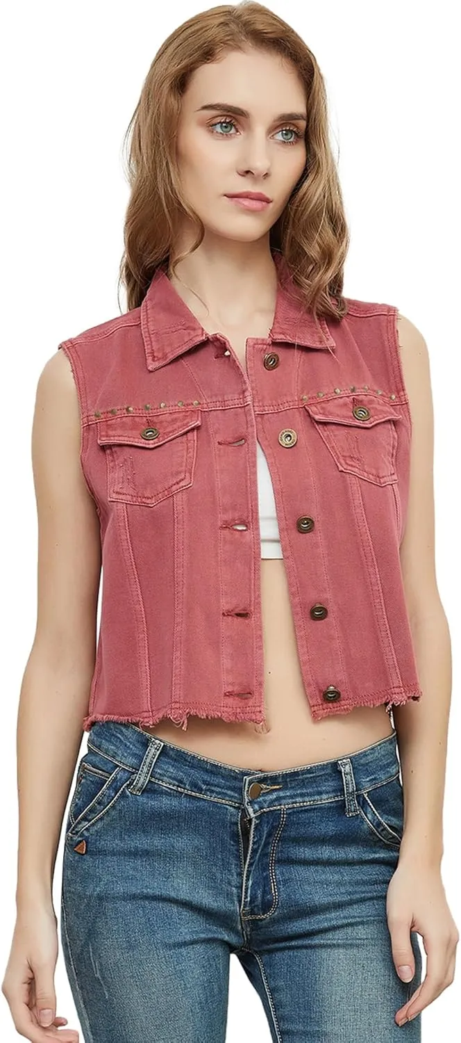 Anna-Kaci Women's Cropped Denim Vest Sleeveless Cotton Rivet Fitted Jean Vest Jacket