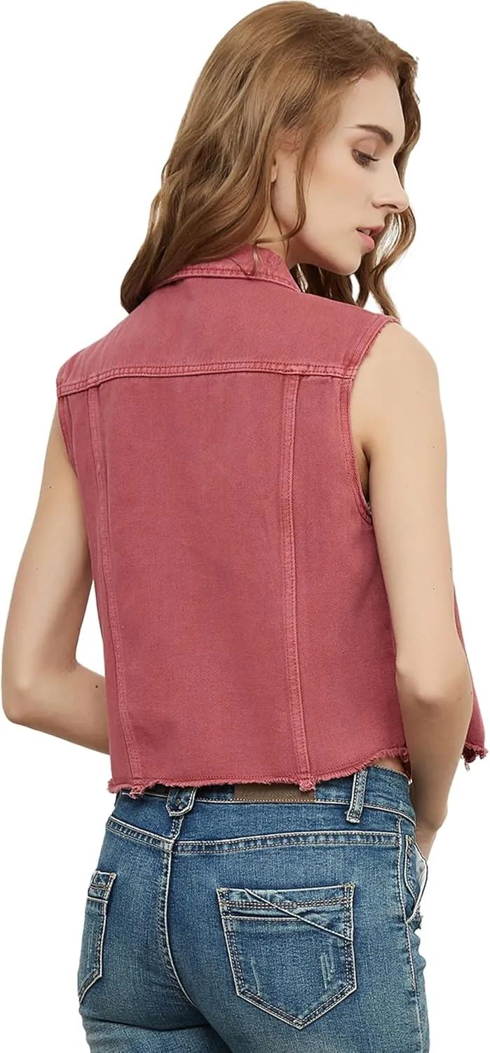 Anna-Kaci Women's Cropped Denim Vest Sleeveless Cotton Rivet Fitted Jean Vest Jacket