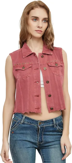Anna-Kaci Women's Cropped Denim Vest Sleeveless Cotton Rivet Fitted Jean Vest Jacket