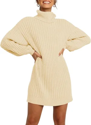 ANRABESS Women Oversized Sweater Dress Turtleneck Batwing Long Sleeve Ribbed Knit Loose 2025 Fall Winter Casual Short Dress