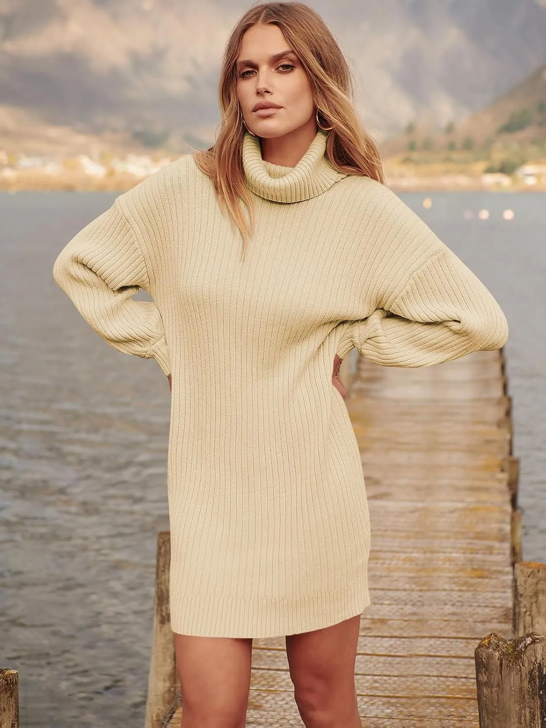 ANRABESS Women Oversized Sweater Dress Turtleneck Batwing Long Sleeve Ribbed Knit Loose 2025 Fall Winter Casual Short Dress