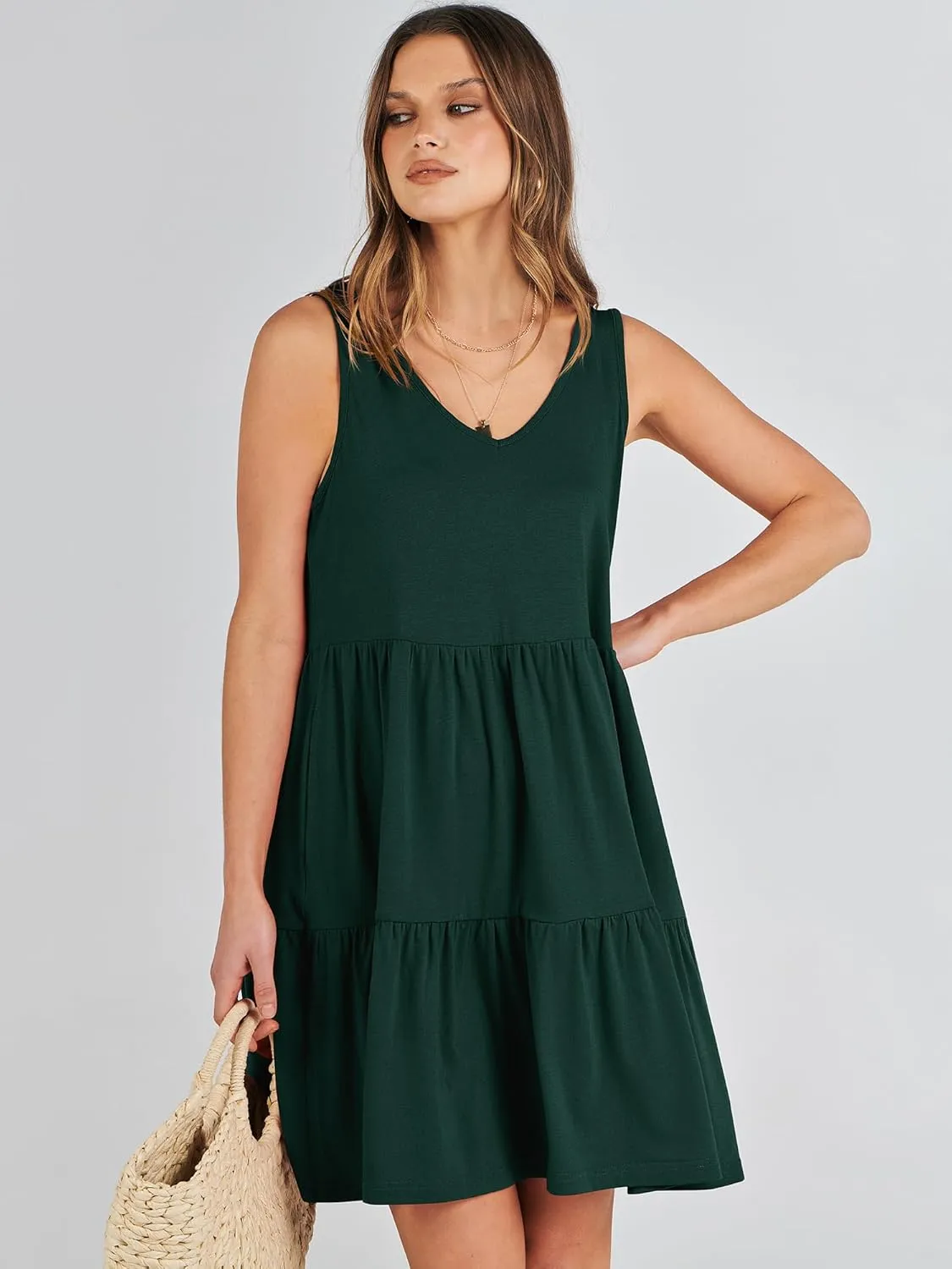 ANRABESS Womens Summer Casual Tank Dress Sleeveless V Neck T Shirt Sundress Flowy Tiered Swing Mini Beach Vacation Dresses