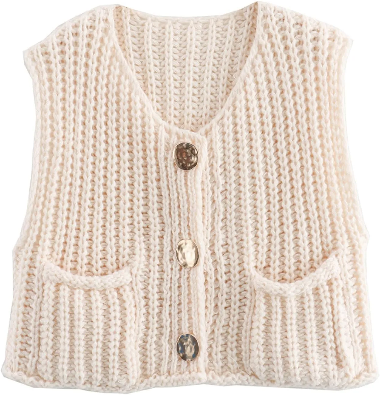 Arssm Women Button Down Chunky Sweater Vest Sleeveless Crop Knit Cardigan Cropped Knitted Sweater Vest(Beige-S)