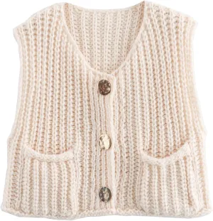 Arssm Women Button Down Chunky Sweater Vest Sleeveless Crop Knit Cardigan Cropped Knitted Sweater Vest(Beige-S)