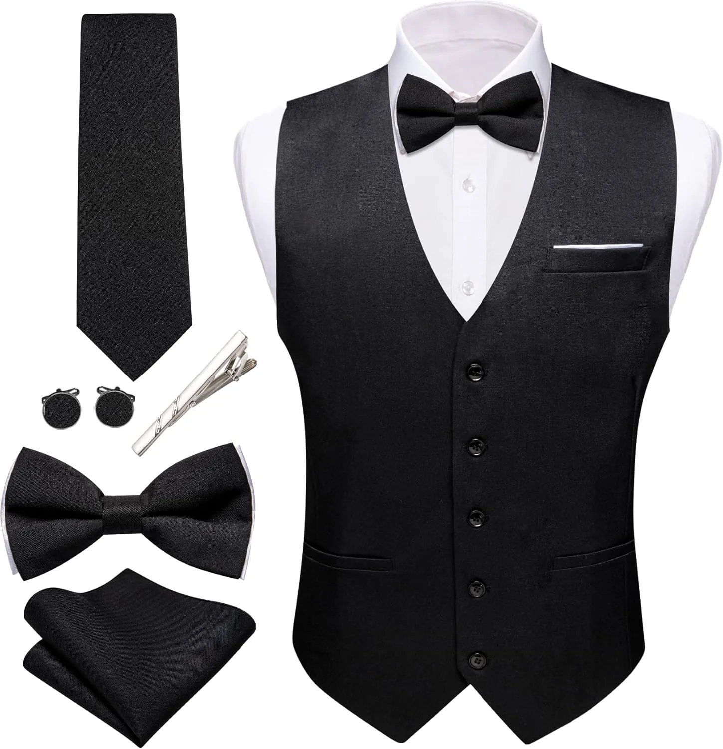 Barry.Wang Mens Suit Vest Linen Formal/Casual V-neck Waistcoat Tie Bow Tie Set Solid Color 6PC Wedding Party Tuxedo